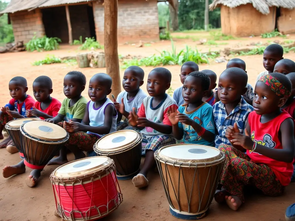 A vibrant photo capturing a Zimbuya-sponsored music workshop in a rural Zimbabwean community, with children actively participating and learning traditional instruments.