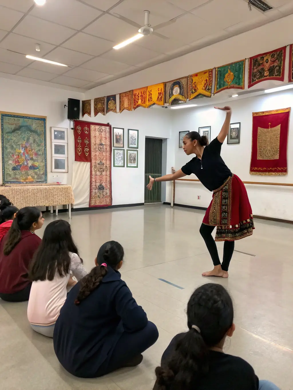 A photo of a dance workshop, showing participants learning traditional Zimbabwean dance moves, with a focus on the instructor demonstrating a step and the participants mirroring the movement.