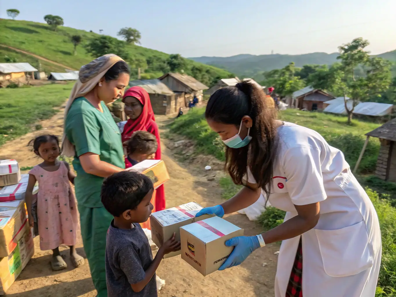 A photo of volunteers packing and distributing essential supplies to a rural community in Zimbabwe, supported by Zimbuya's outreach programs.