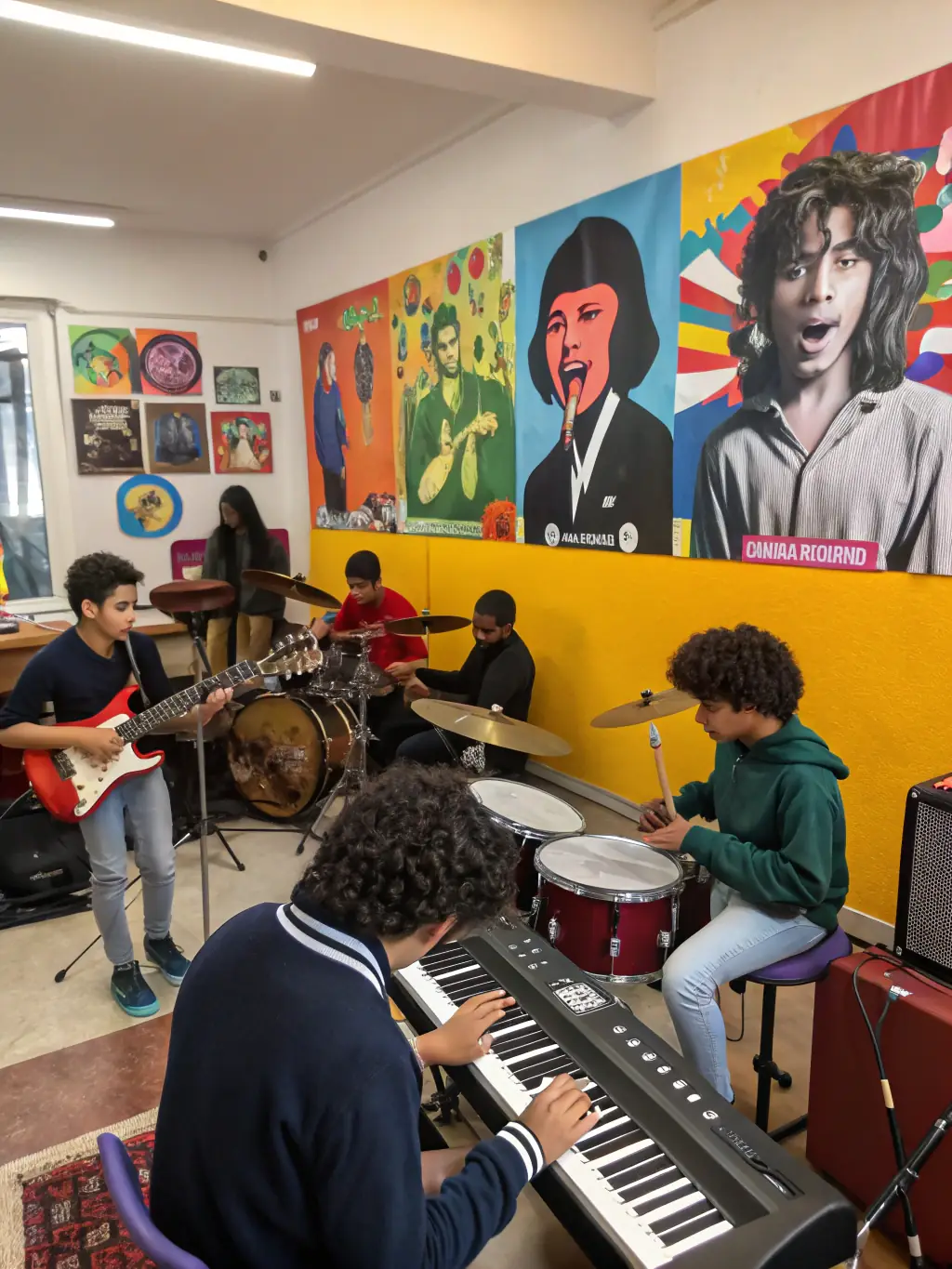 A vibrant photo of a marimba workshop in progress, showing participants of diverse ages and backgrounds playing together with enthusiasm, set in a well-lit, inviting space.