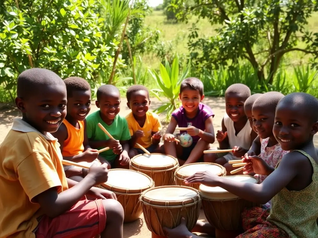 A vibrant photo of children in Zimbabwe participating in a Zimbuya-sponsored music workshop, playing marimbas with joyful expressions.