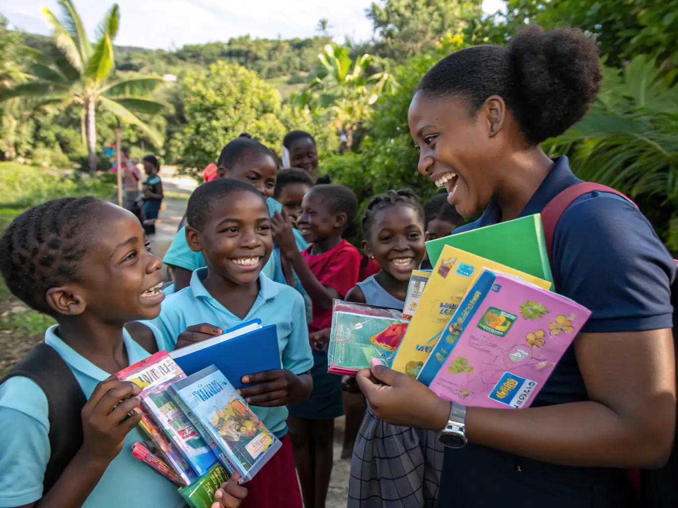 A heartwarming image of Zimbuya volunteers distributing school supplies and musical instruments to underprivileged children in Zimbabwe.