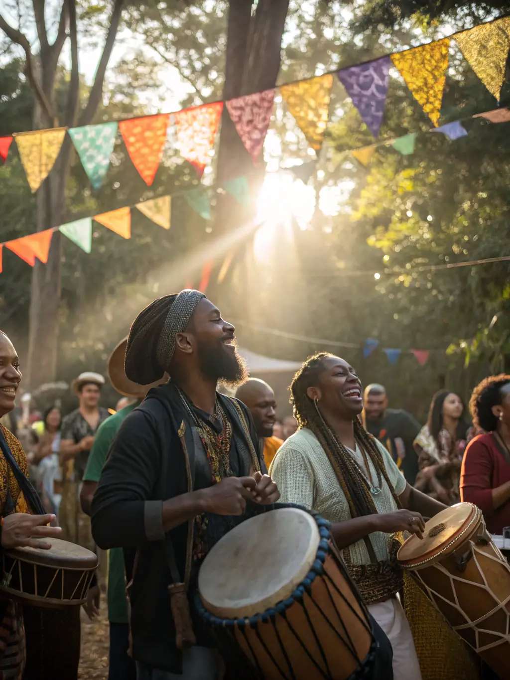 A dynamic image of a drum circle, capturing the energy and excitement of participants drumming together, with hands raised in celebration and a sense of community.